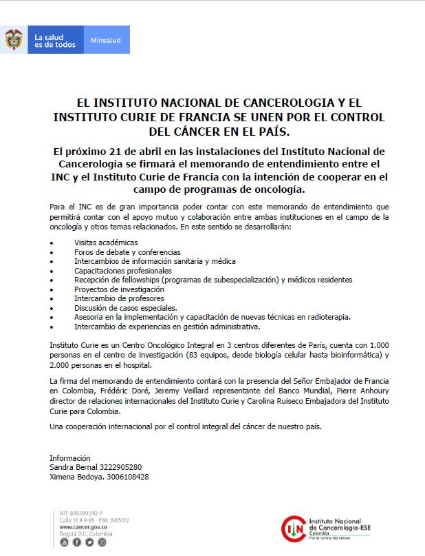 Memorando de entendimiento entre el INC y el Instituto Curie de Francia