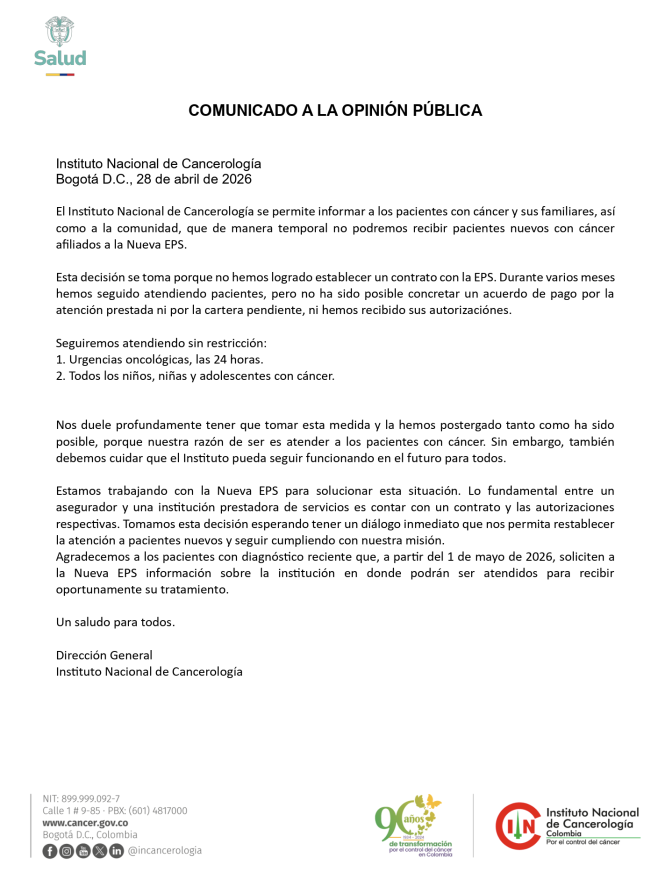 comunicado de prensa Contrato con Nueva EPS